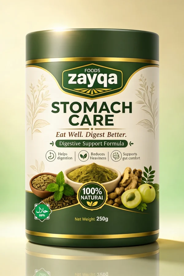 Zayqa Stomach Care herbal digestive powder 250g jar front label