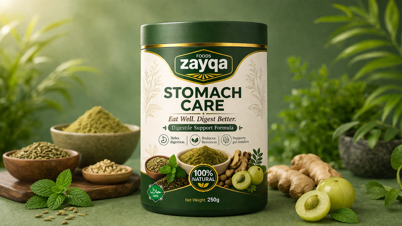 Zayqa Stomach Care herbal digestive powder jar with natural ingredients